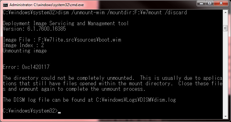 dism /unmount-wim /mountdir /discard error 0xc1420117