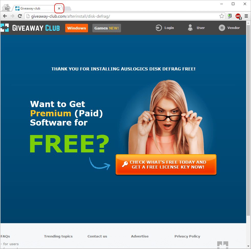 Auslogics Disk Defrag セットアップ後の広告画面