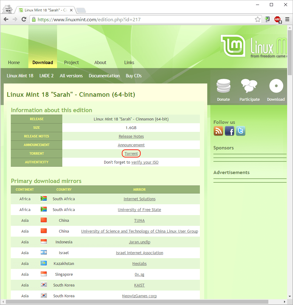 Linux Mint 18 Sarah 本家ウェブサイトよりダウンロード手順
